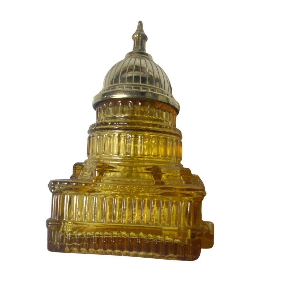 Vintage Avon U.S. Capitol Amber Glass Cologne Decanter Gold Tone Top Empty